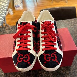 Gucci, red, white and blue velour printed sneakers